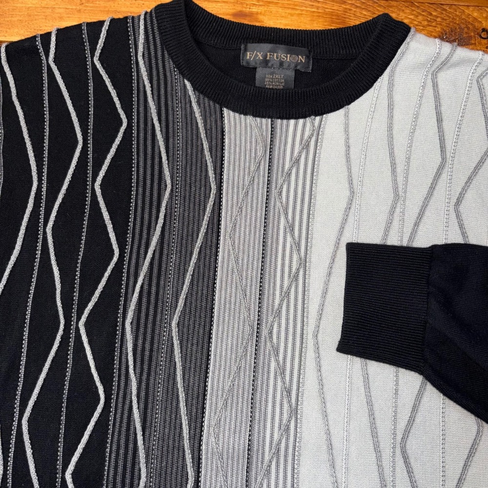 F/X Fusion Sweater Mens 2XLT Black Gray Textured 3D Knit Abstract Long Sleeve